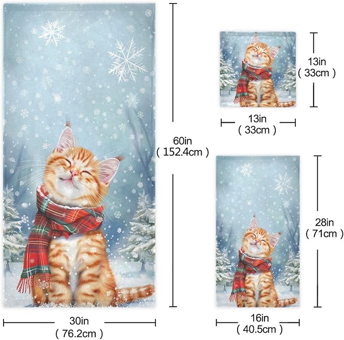 Christmas Winter Towels Set of 3 Cute Cat Wearing Plaid Scarf Bathroom Towel Soft Absorbent Bath Hand Towels Washcloth Guest Towel Sets Xmas Holiday Decor