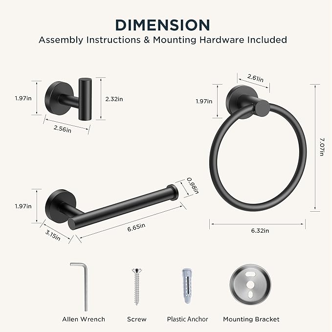 FORIOUS 4 Piece Bathroom Accessories, SUS304 Stainless Steel Toilet Paper Holder, Towel Ring and 2 Towel Hooks, Wall Mounted Bathroom Hardware Set (Matte Black)