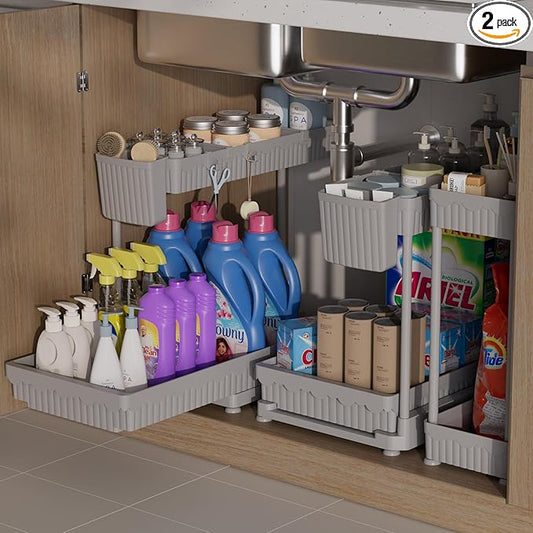 3 Pack Multi-Purpose Under Sink Organizers and Storage, 2026 L-Shaped Pull Out Cabinet Organizer for Bathroom & Kitchen, Under Cabinet Organizer with Hooks Hanging Cup (Grey, 14.85 inch)