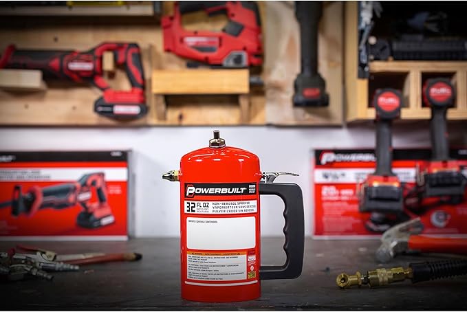 Powerbuilt 1 Quart Refillable Non-Aerosol Pressurized Sprayer for Oil, Lubricants, Degreasers - 32oz Canister with Brass Nozzles & Stainless-Steel Corrosion Resistant Inner Lining (Red) - 643090ECE