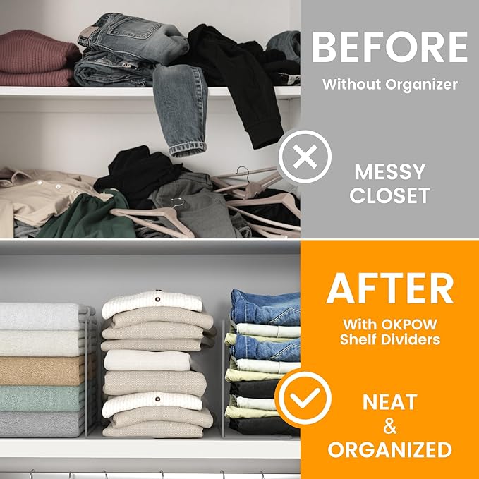 OKPOW Shelf Dividers for Closet Organization – Keep Sweaters & Purses Upright, Clear Acrylic Separators for Most Wood Shelves & Pantry, Damage-Free, Sturdy & Tall (10" x 12", 12 Pack)