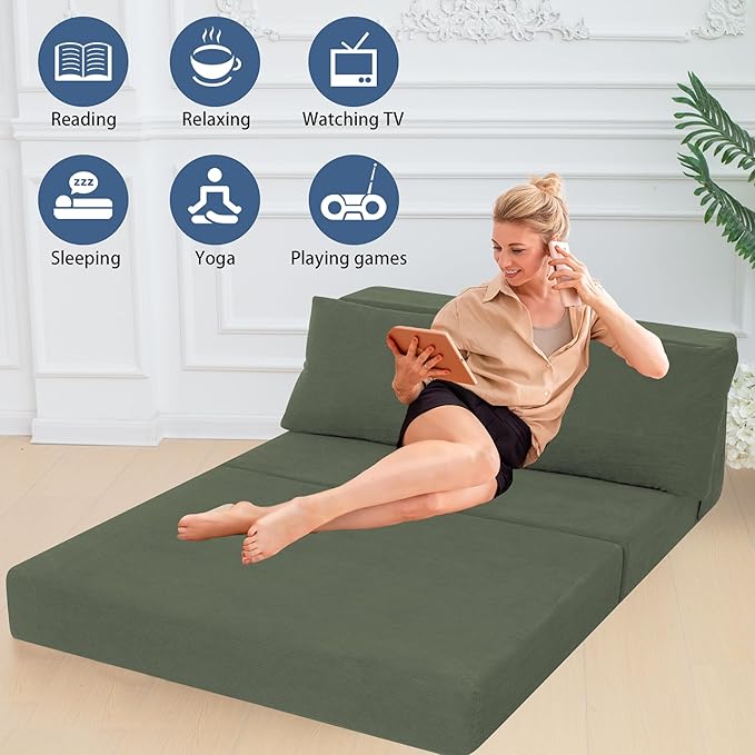 Sofa Bed Foldable Mattress ，Folding Sleeper Sofa Chair Bed Floor Mattress with Pillow for Living Room Home Office (Green-Corduroy, Twin)