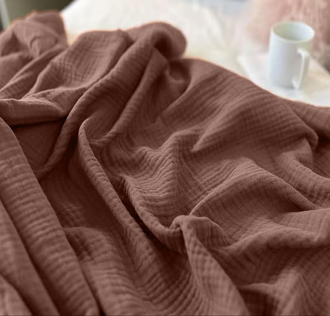 KyraHome Muslin Blankets for Adults Kids, 60"x80" Large 100% Cotton Throw Blanket Plant Dyed Lightweight Breathable Gauze Blanket for Couch, All Season (Brown)
