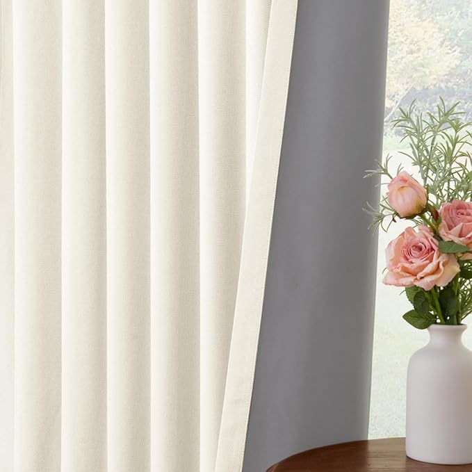 INOVADAY 100% Blackout Curtains for Bedroom, Black Out Curtains 63 Inch Long, Clip Rings Linen Blackout Drapes, Thermal Insulated Room Darkening for Living Room, 2 Panels - Lightcream,W50xL63