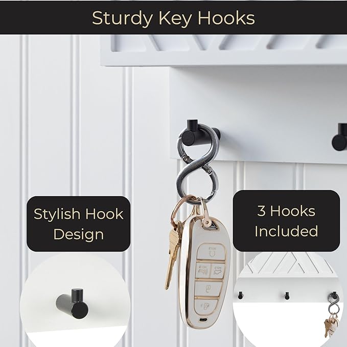 BLU MONACO | Wall Mount Key Holder with Mail Organizer | Wooden Command Center with 3 Hooks and 2-Tier Letter Pockets | Entryway Mail Sorter & Key Rack | White Geometric Wall Organizer for Office Home