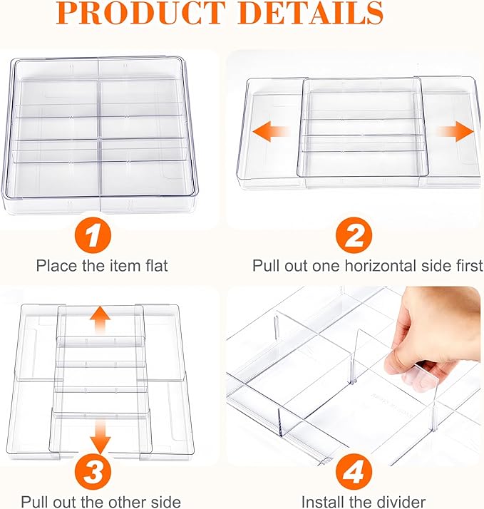 2 Pcs Large Expandable Acrylic Drawer Organizers, Grid Adjustable Drawer, Dividers Organizer for Desk, Makeup, Jewelry, Office, Kitchen Supplies (Clear,15 Compartments)