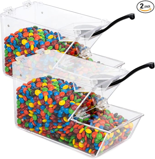 Candy Bin Topping Dispenser - Acrylic Bulk Sprinkle Container with Scoop, Stackable & Magnetic for Multiple Holders - For Cereal, Nuts, Candies & Snack Food Storage - 2 Pack