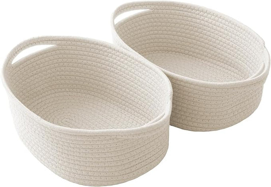 Woven Basket,Small Rope Storage Bin with Handles & Ribbon Bag, Organizer for Shelves Closets,Gift Basket Empty for Birthday,Books,Dog Toys,White/2 Pack