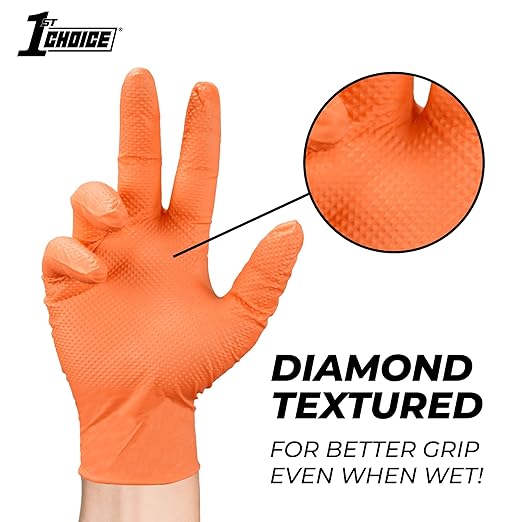 1st Choice 6 mil Orange Gloves, Disposable, Latex Free, Raised Diamond Grip, Mechanic Glove for Men, Medium, Case of 1000