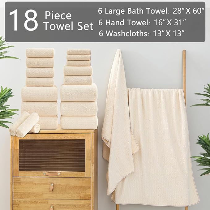 18 Piece Bath Towels Set,100% Microfiber Family Bathroom Towel with Hanging Loops-6 Bath Towels,6 Hand Towels,6 Washcloths,Quick Dry Highly Absorbent Shower Towel for Bathroom,Hotel,Spa-Beige