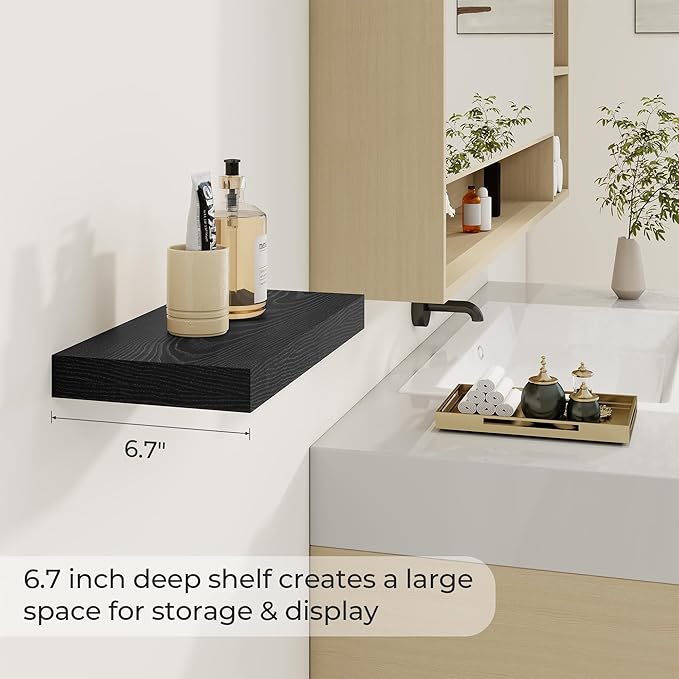 Dreamland 16 Inch Long Floating Shelves in Black,6.7 Inch Deep Floating Shelf for Wall,Large Display & Storage Shelf, Wall Shelf for Bathroom Bedroom Living Room Kitchen Office，Set of 2
