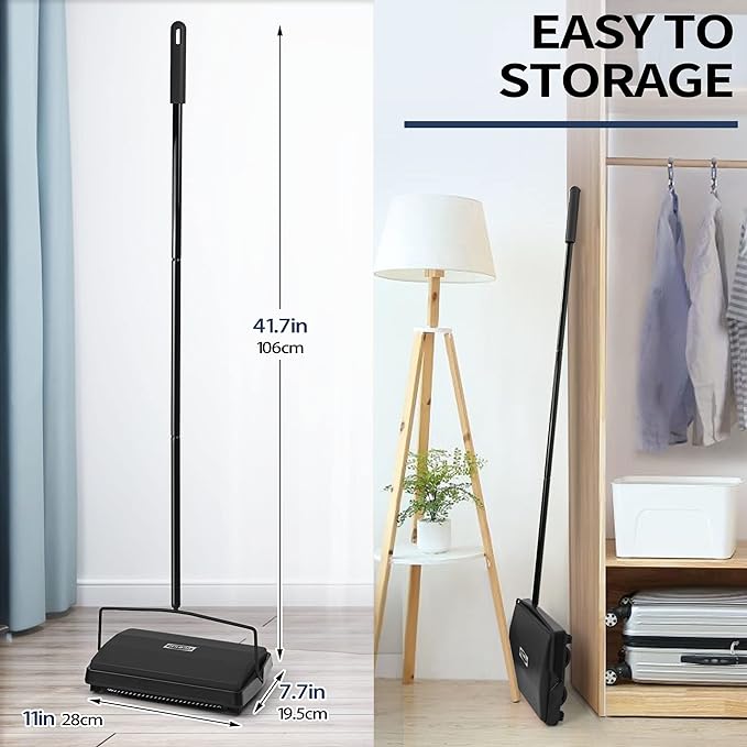 JEHONN Carpet Floor Sweeper Manual with Horsehair, Non Electric Quite Rug Roller Brush Push for Cleaning Pet Hair, Loose Debris, Lint (Black)