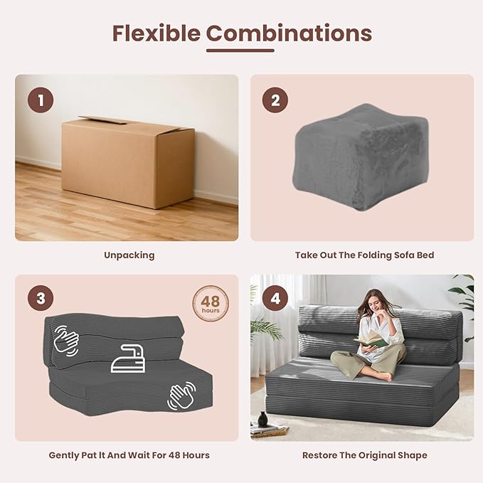 Folding Mattress Twin, Convertible Sofa Bed Foldable Futon Mattress with Corduroy Cover, Fold Out Floor Couch Bed for Living Room, High-Density Memory Foam, 5'', Grey