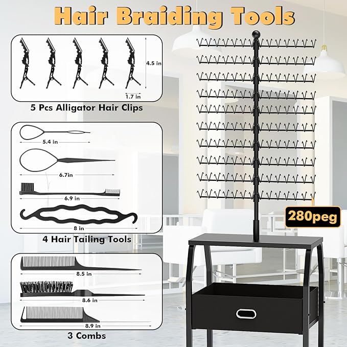 Portable Braiding Hair Rack with Wheels & Storage Drawers,280 Pegs Hair Extension Holder Hanger for Braiding Hair Separator Stand Display,Hair Rack with Stylist Hair braiding Tools(Black)