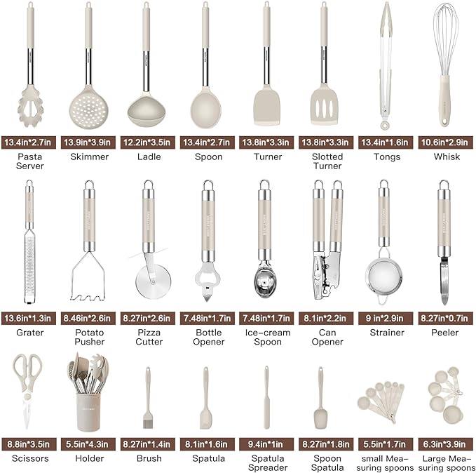 Kitchen Utensils Set-Silicone Cooking Utensils-33pcs Non-Stick Silicone Cooking Kitchen Utensils Spatula Set with Holder-Best Kitchen Cookware with Stainless Steel Handle (Khaki)