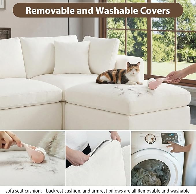 Cloud Couch Sectional Sofas for Living Room, Cream White Modular Sectional Sofa Couch Set with Ottoman, Deep Seat L Shaped Couch Bed, Boneless Convertible Sofa Couch for Apartment Furniture