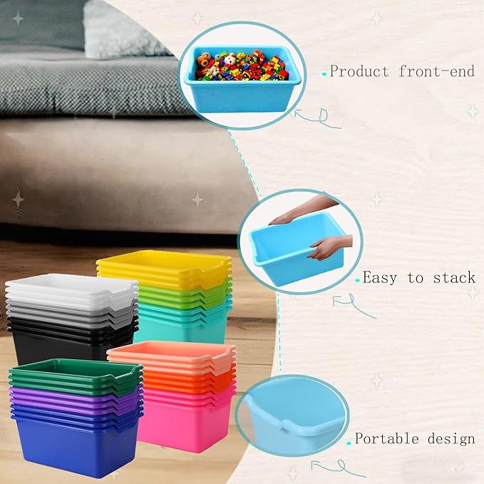 24 Pack Plastic Cubby Bins, Stackable Storage Bins with Adhesive Label Toy Book Organizer Baskets for Classroom, Library, Playroom, Home & Office Organization (Twelve Colors)