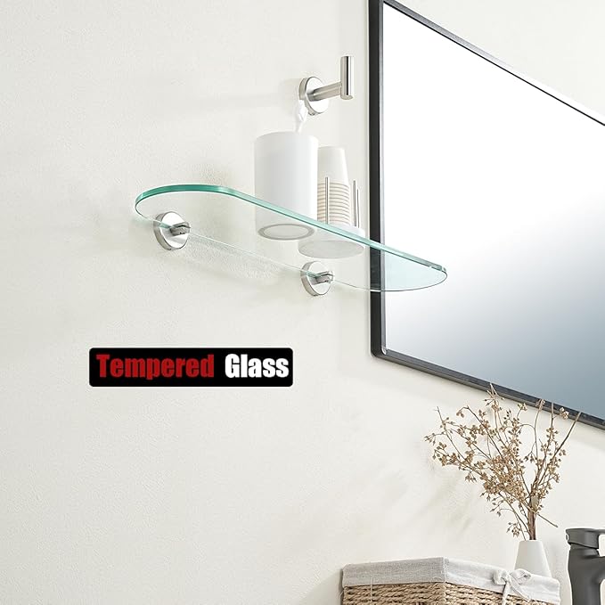 JQK Bathroom Glass Shelf, Floating Tempered Glass Shower Storage 20 by 5 inches, 304 Stainless Steel Brushed Finish Wall Mount 2 Pack 2 Pack, TGS121L20-BN-P2