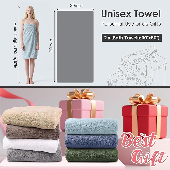 Bath Towels Pack of 2, 30 in x 60 in, Large Microfiber Bath Towel Set, Ultra Soft, Super Absorbent, Fast Drying, Use for Sauna, Sport, Travel, Fitness, SPA, Yoga,Coral Fleece -Light Blue