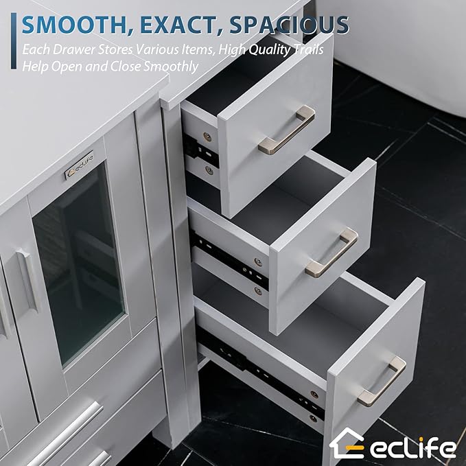 eclife 60" Modern Bathroom Vanity Sink Combo Freestanding Cabinet with Small Side Cabinet, Turquoise Square Glass Vessel Sink, Water Save Faucet, Drain (Gray+A10)