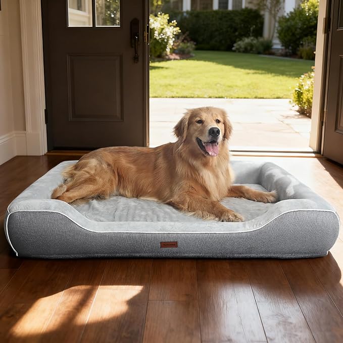 Extra Large Orthopedic Dog Bed with Cooling Gel Memory Foam,Waterproof XXL Dog Couch Bed with Removable Washable Cover,48 inch Pet Sofa with High Resilience Foam Sides for Old Pets,Grey