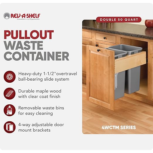 Rev-A-Shelf Top Mount Double Pullout Under Cabinet 50 Quart Kitchen Trash Cans w/Soft-Close for Full Height Cabinet, 150 Pound Rated Full-Extension Slides, 4WCTM-2150BBSCDM-2
