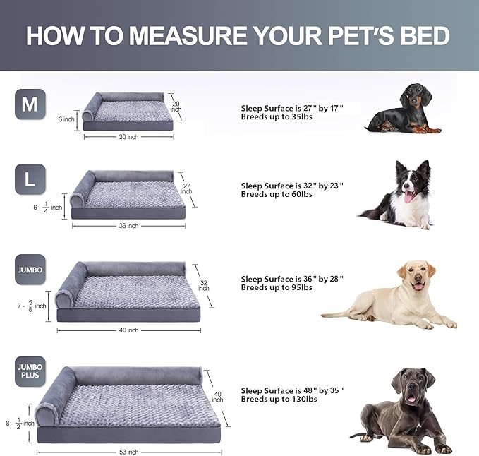 MIHIKK Orthopedic Dog Couch Bed Deluxe Plush L-Shaped with Waterproof Lining Bolster Dog Sleeping Sofa with Removable Washable Cover & Nonskid Bottom Pet Bed for Extra Large Dogs, Gray