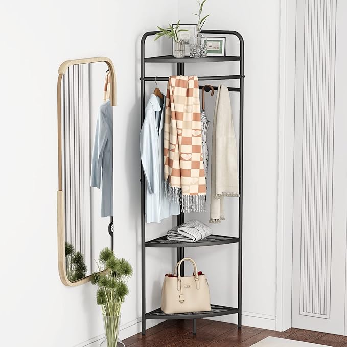 Corner Black Clothing Racks Freestanding, Metal Black Coat Racks with Hooks, Heavy Duty Modern Clothes Rack with 3 Tier Storage Shelves for Home,Bedroom,Living Room