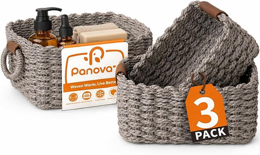 Storage Basket, Recycled Paper Rope Bathroom Basket Organizer, 3Pcs Small Baskets for Organizing, Mini wicker Basket for Decorative Storage Bins, Shelves, Bathroom, Cabinet - Grey