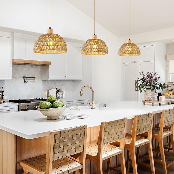 Hand-Woven Pendant Light, 11.8" Dome Rattan Pendant Lighting Fixture Wicker Ceiling Farmhouse Basket Hanging Lamp Boho Coast Chandelier for Kitchen Island Dining Room Sink Hallway Entrance