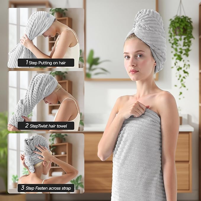 REDKISS Gray Bath Towels Set 8 Piece - Microfiber Bathroom Towels of 8 Large, Highly Absorbent Bath Towel, Soft Shower Towel for Bathroom, Hotel 2 Bath Sheet 2 Hand 2 Washcloths 2 Hair Towel Wrap