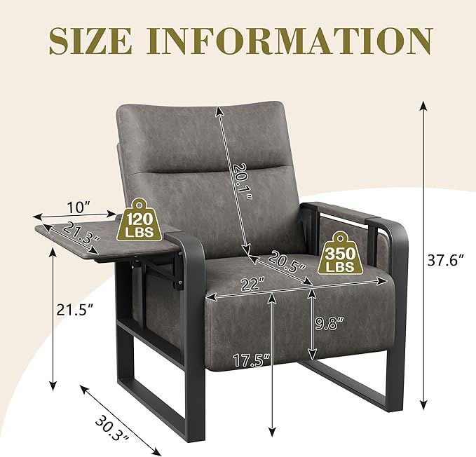 Modern Accent Chair with Tray Table PU Leather Upholstered Armchair for Bedroom Leisure Living Room Chairs Office Chair Grey