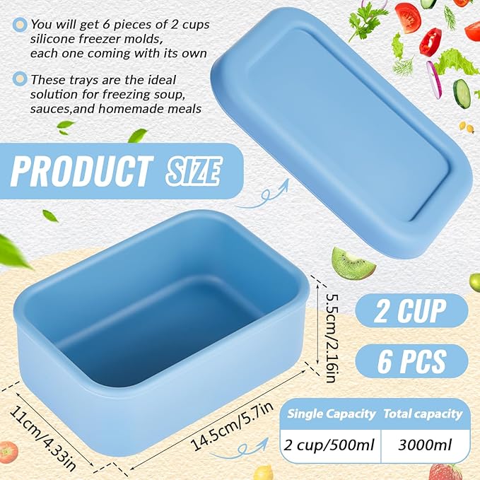 6 Packs Silicone Soup Freezer Molds with Lid Silicone Soup Freezer Trays Rectangle Reusable Food Preserving Tray Freezing Sauces Stews (Dark Blue, High-grade Gray,2 Cup)