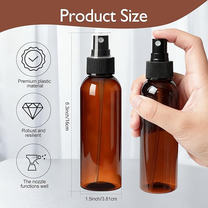 104 Pcs 4 Oz Plastic Mini Spray Bottles with Labels Refillable Travel Size Perfume Empty Bottle Amber Reusable Mist Sprayer for Cleaning Solutions Essential Oil Household Use
