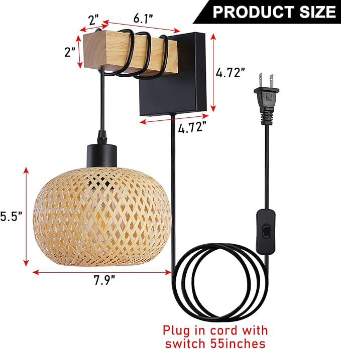 Farmhouse Plug in Wall Sconces Light Fixture for Bedroom, Living Room, Bamboo Rattan Lantern Lampshade Wood Beam Wall Mounting Hanging Lamp, Vintage Rustic Wall Decor(Without Bulbs)