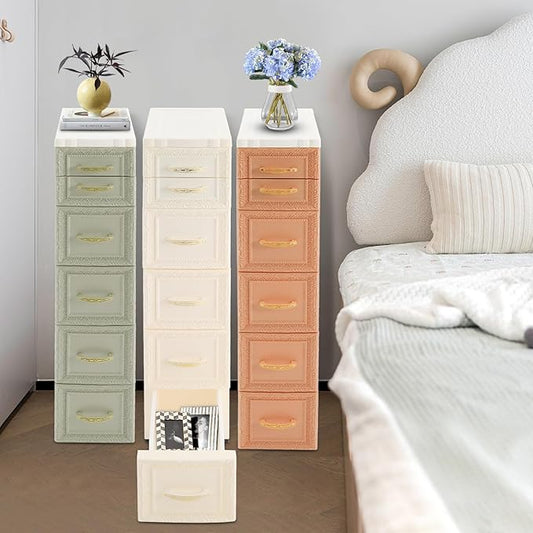 5-Tier Plastic Drawers Storage Dresser, 33"H Narrow Slim Storage Organizer Vertical Drawer Unit, Rolling Thin Storage Tower with Wheels for Small Spaces Gaps Home Furniture (White)