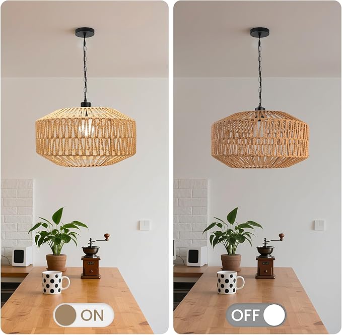 Farmhouse Chandelier Light Fixture, Rattan Boho Chandeliers, Hand Woven Pendant Light with Height Adjustable, Rustic Hanging Lighting for Living/Dining Room, Kitchen Island, Bedroom (Medium)