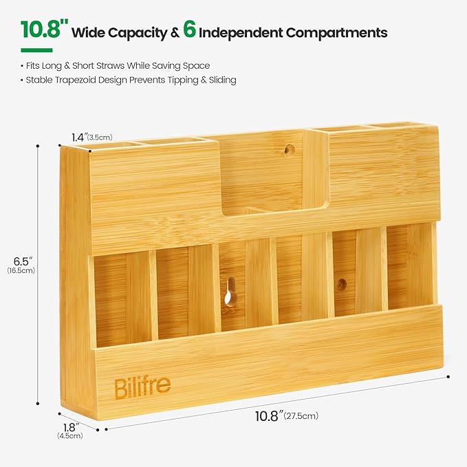 Extra-Large Bamboo Straw Holder Organizer – 6 Compartments for Long & Short Straws | Magnetic & Adhesive Mount for Cabinet, Fridge, or Counter | Durable Trapezoid Design for Kitchen