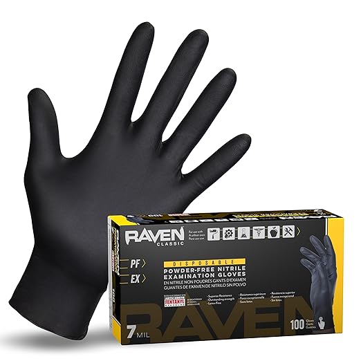 Raven Powder Free Nitrile Disposable Gloves | 7 Mil - Med | Latex Free, Chemical + Puncture Resistant, Textured Grip, Single Use | for Automotive, Industrial, Janitorial, MRO, Food Service | 66517