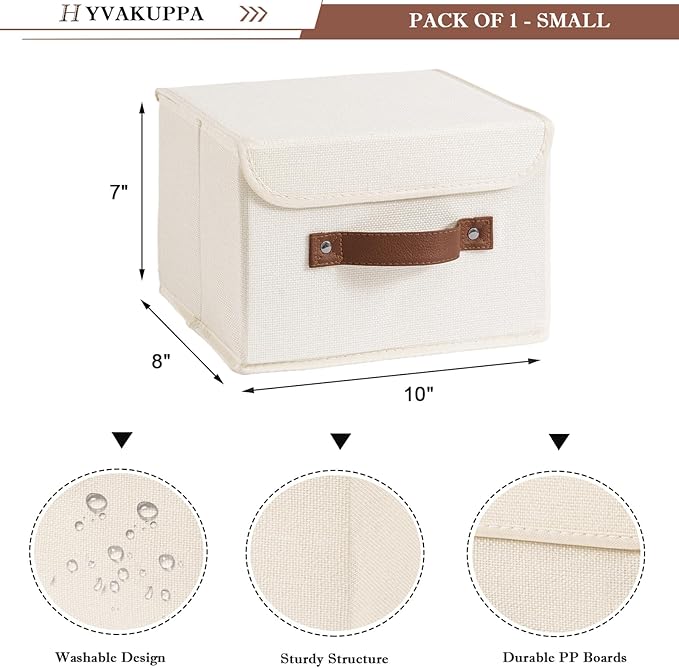 2PCS Collapsible Storage Boxes Baskets with Lid Cotton Linen Fabric Storage Bins with Faux Leather Handles Washable Cube Organizer Container for Home Closet Bedroom (Beige, Small Size)