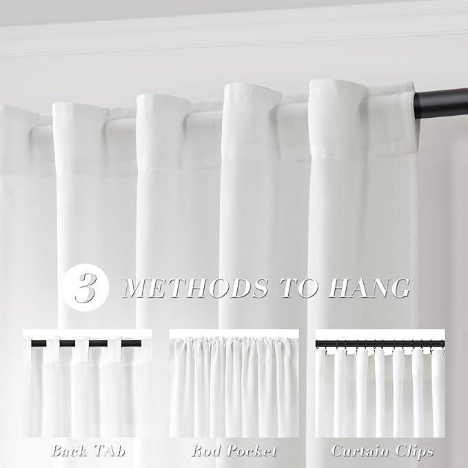 Joywell Natural White Back Tab Rod Pocket Linen Curtains 120 Inches Long 2 Panels for Living Room Bedroom Neutral Boho Farmhouse Rustic Light Filtering Semi Sheer Curtains Window Treatment 52x120