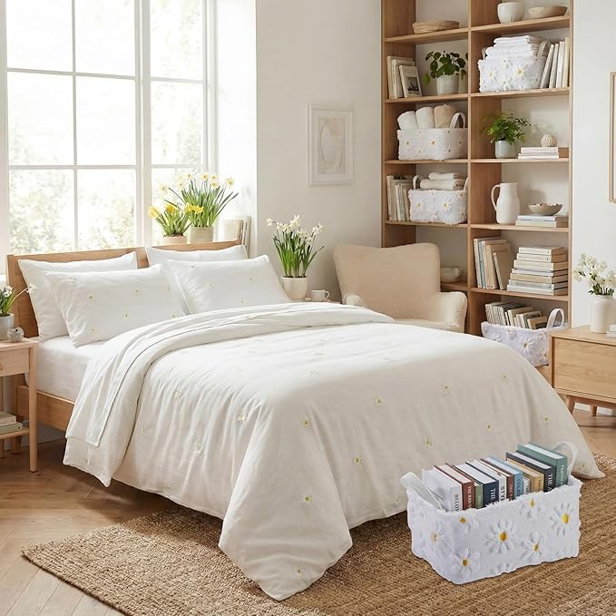 2 Pcs White Daisy Storage Baskets 14x10 Inch Easter Gift Basket Spring Floral Laundry Foldable Fluffy Plush Storage Bin with Handle Decorative Closet Organizer for Home Office Car