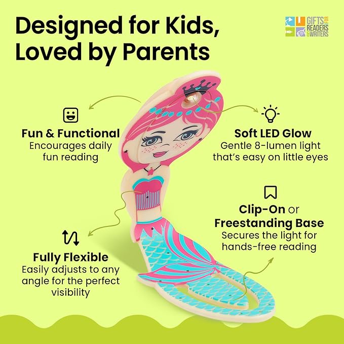 Gifts for Readers & Writers Book Light for Kids, Clip On Reading Light for Bed, 2in1 Flexilight Pals & Bookmark, Small & Lightweight with a Soft Glow, 2 Batteries Included, Mermaid Teal