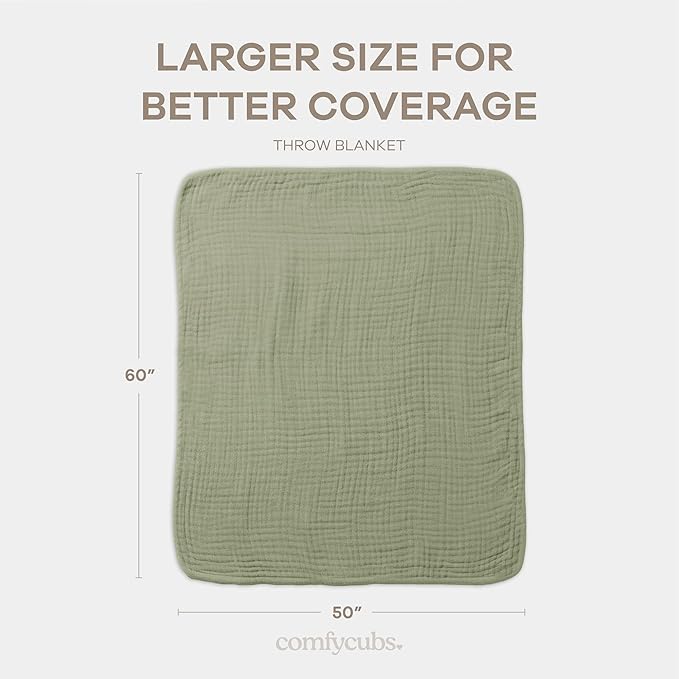 Comfy Cubs Muslin Throw Blanket - 50” x 60” Quilted Design - Lightweight, Breathable 6-Layer Gauze Fabric - Soft Cotton Blanket for Home or Travel - Packaged in Elegant Gift Box - Sage