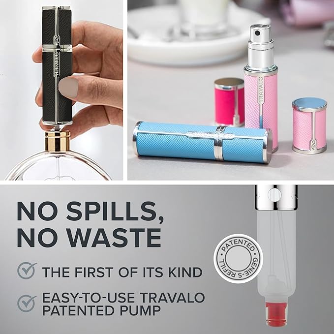 Milano Perfume Atomizer - Leak-Proof and TSA Approved for Air Travel - Reusable, Airtight, Easy Fill Mini Pump Sprayer - Lightweight Vegan Leather with Polished Metal Outer Shell - Black