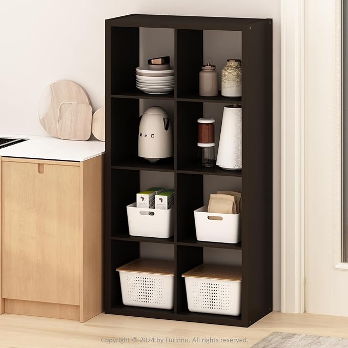 Furinno Hermite 8-Cube Open Shelves Kitchen Storage, Kitchen Island, Bakers Rack, Buffet Sideboard, Black Dark Oak