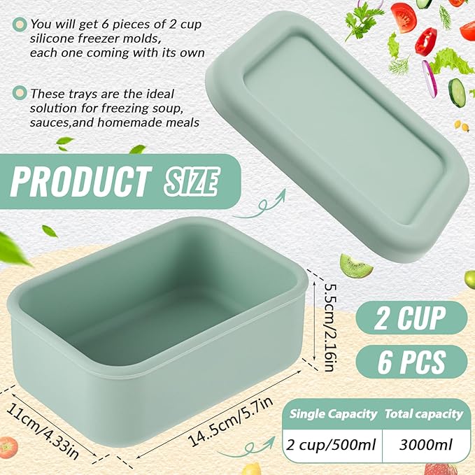 6 Packs 2 Cup Silicone Soup Freezer Molds with Lid Silicone Soup Freezer Trays Rectangle Reusable Food Preserving Tray Freezing Sauces Stews(Sage Green, Beige)