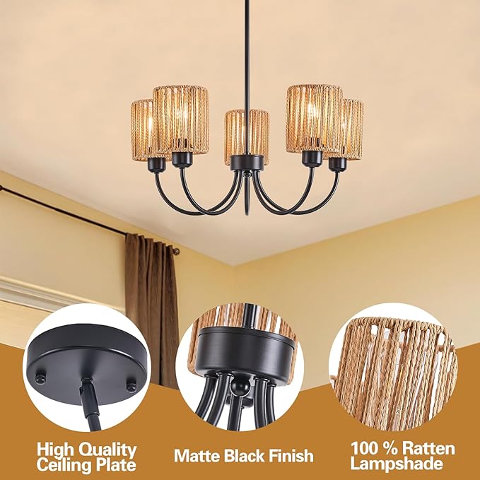 22” Black Farmhouse Chandelier - 5 Light Rattan Pendant Light for Kitchen Island & Dining Room - Adjustable Height E26