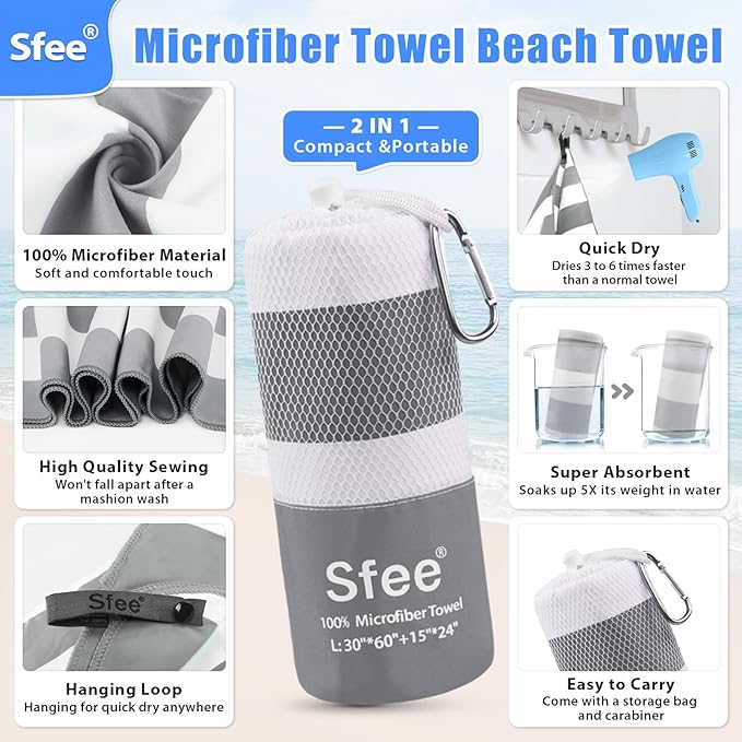 2 in 1 Microfiber Beach Towel, Quick Dry Towel Camping Towel Travel Towel Super Absorbent Compact Lightweight Sports Gym Towels Set for Beach, Gym, Hiking, Pool, Backpacking, Bath, Yoga