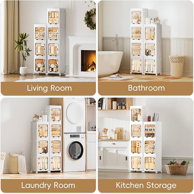 JEKO&JEKO 146 Qt Narrow Bathroom Storage Cabinet, 3-Tier Slim Tall Cabinet Organizer with Wheels, Foldable Plastic Storage Bin for Small Spaces, White